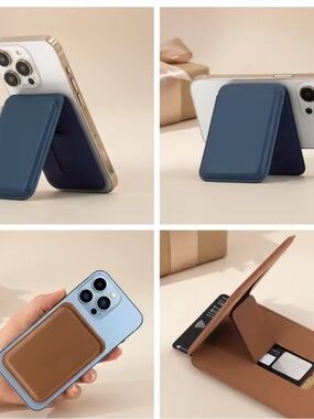Magnetic Leather Card Holder Wallet Stand for Universal Smartphones, Blue Brown